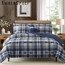 Amberspace Plaid Design 7-piece Bed in a Bag Comforter Set with Sheets,Navy Blue,Queen