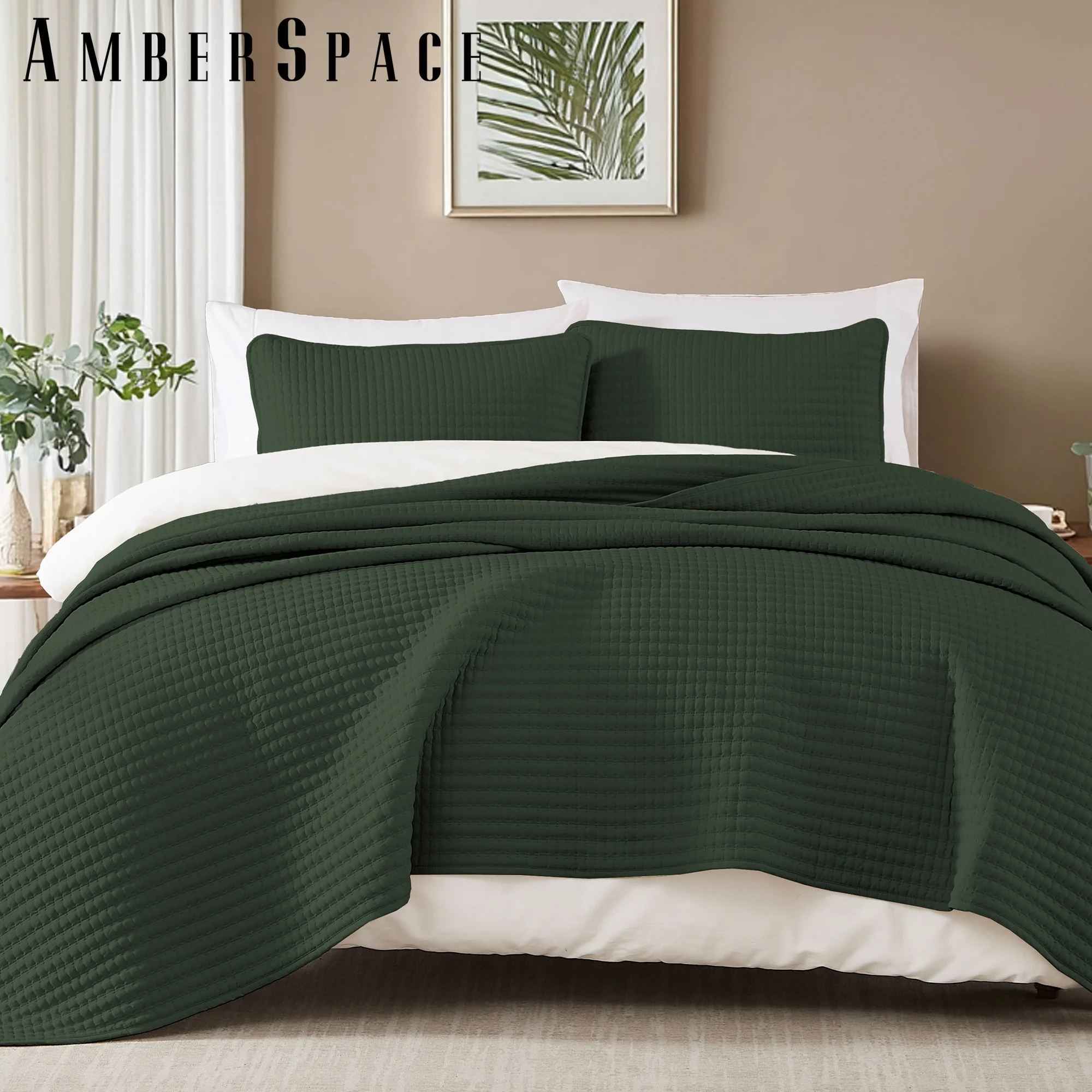 Amberspace Lightweight 3-Piece Bed in a Bag Quilt Set with Pillow Shams,Dark Green,Queen