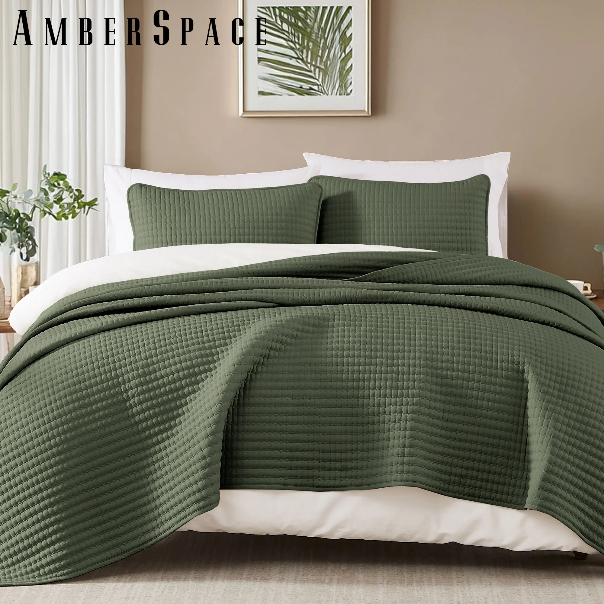 Amberspace Lightweight 3-Piece Bed in a Bag Quilt Set with Pillow Shams,Olive Green,Queen