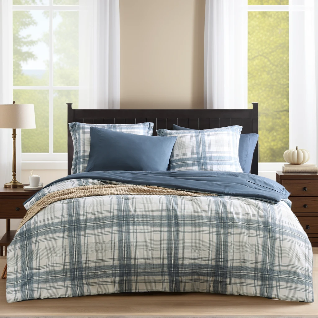 Amberspace Reversible Checkered 5-piece Bed in a Bag Comforter Set with Sheets,Blue Grey,Twin XL