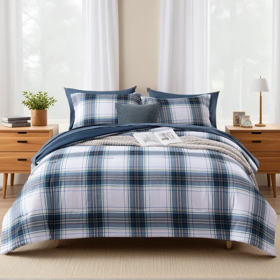 Amberspace Reversible Checkered 5-piece Bed in a Bag Comforter Set with Sheets,Dark Blue,Twin XL