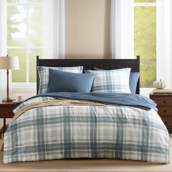Amberspace Reversible Checkered 7-piece Bed in a Bag Comforter Set with Sheets,Blue Grey,Queen