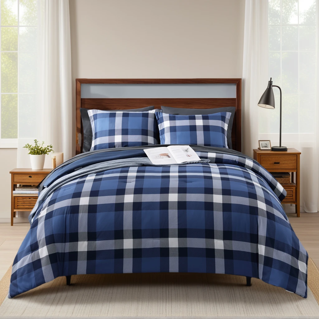 Checked Pattern Comforter Amberspace Reversible Checkered 7-piece Bed in a Bag Comforter Set with ...