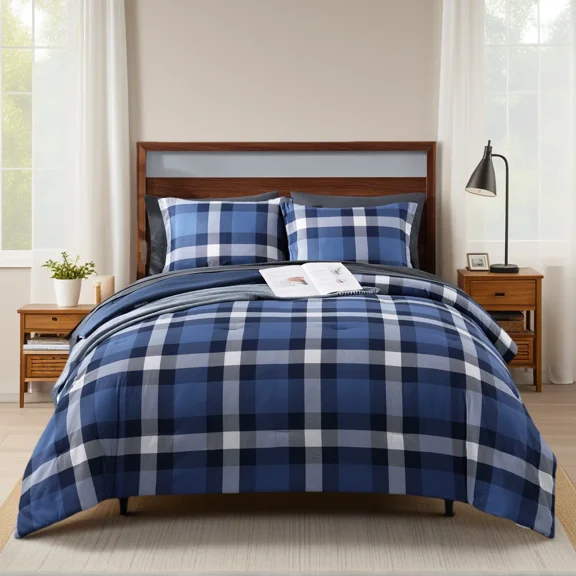 Amberspace Reversible Checkered 7-piece Bed in a Bag Comforter Set with Sheets,Indigo Blue,Queen