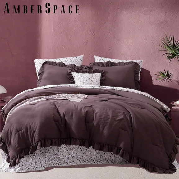 Amberspace Ruffle Design 7-piece Bed in a Bag Comforter Set with Sheets,Deep Purple,Queen