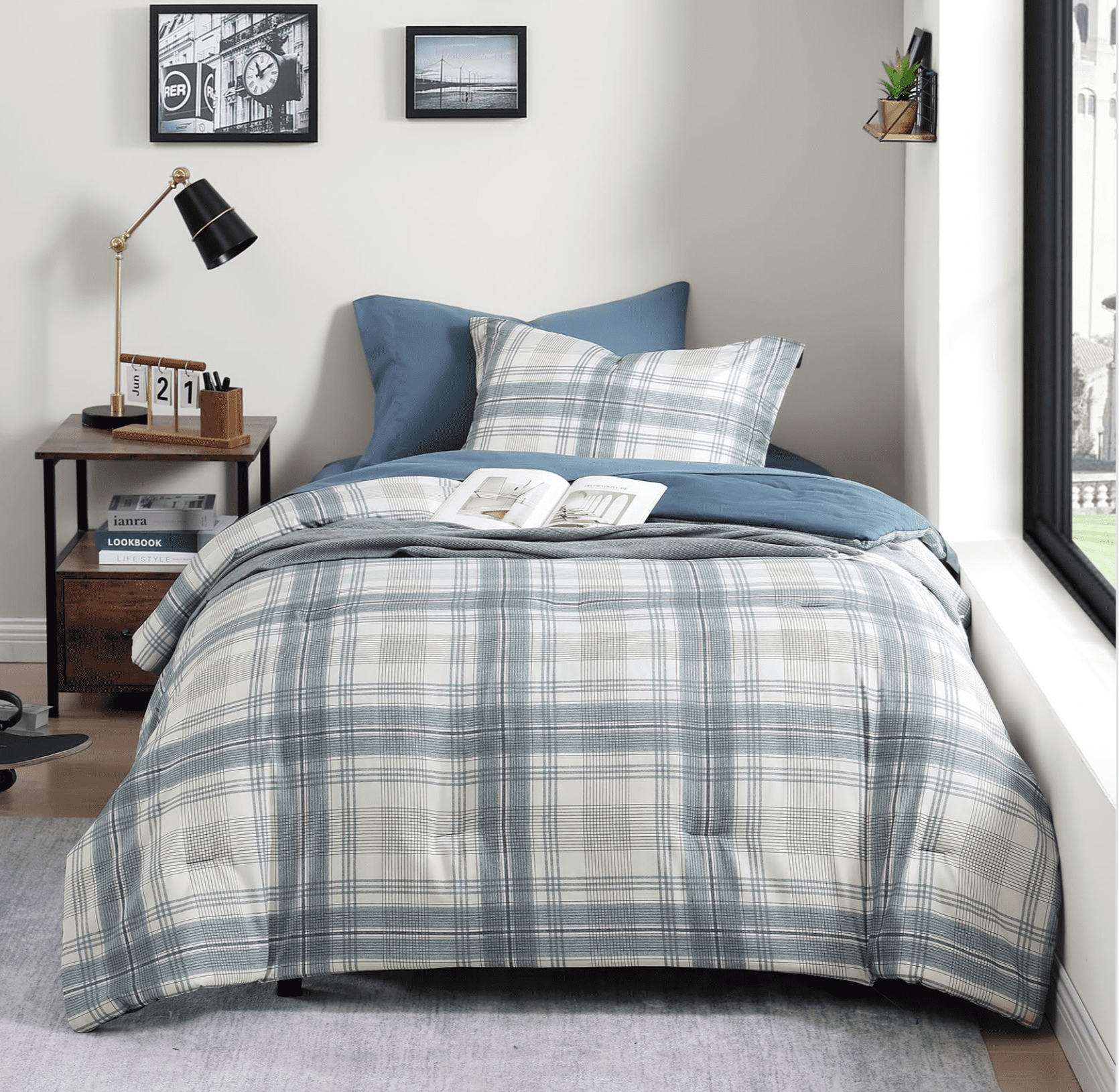 Amberspace Twin XL Comforter Set, Blue Grey Plaid Bedding Set