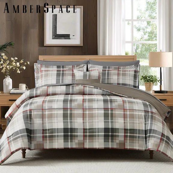 Amberspace Plaid Design 5-piece Bed in a Bag Comforter Set with Sheets,Khaki,Twin XL