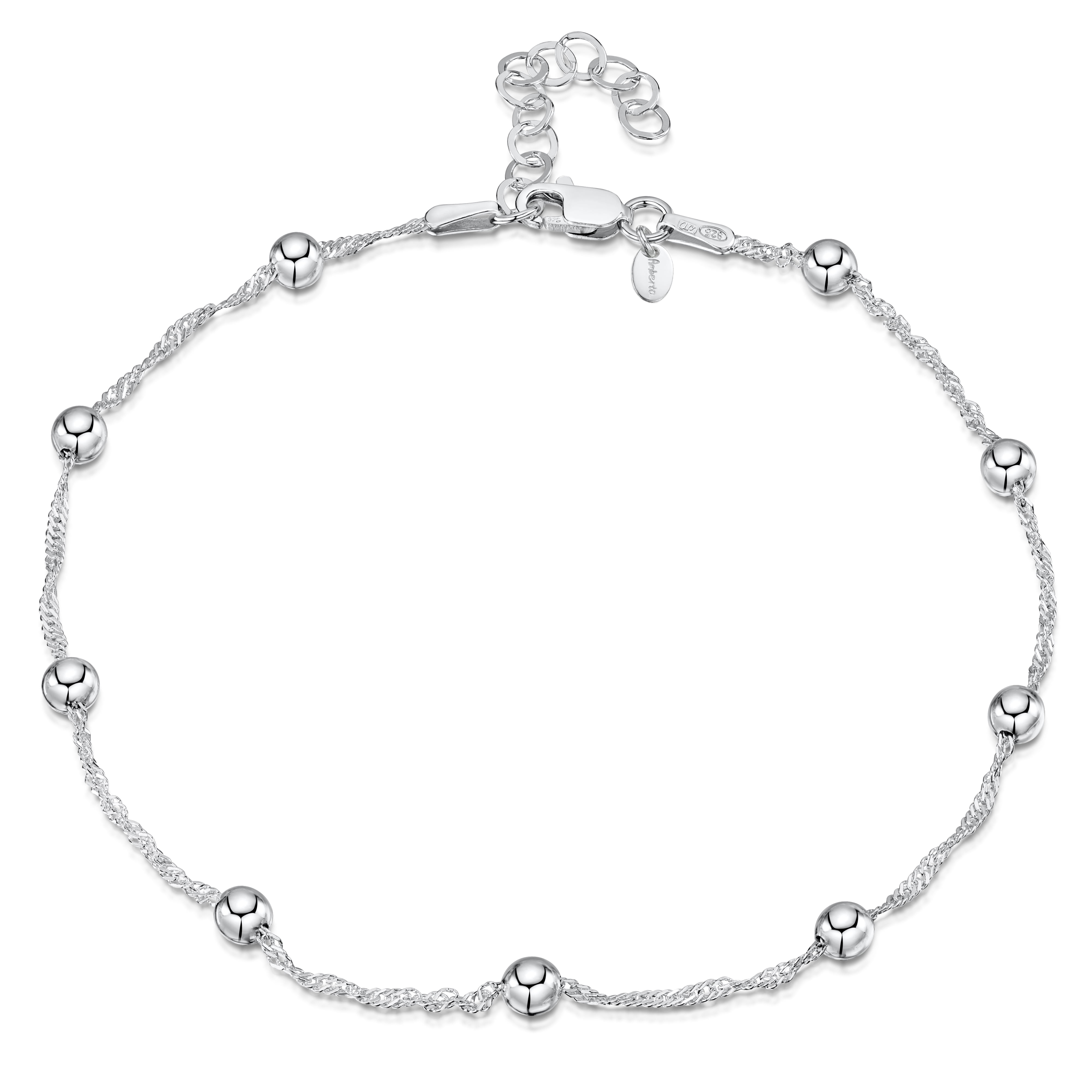 Amberta 925 Fine Sterling Silver 1.4 mm Adjustable Anklet - Singapore Chain with 4 mm Ball Beads Ankle Bracelet - 9" to 10" inch - Flexible Fit