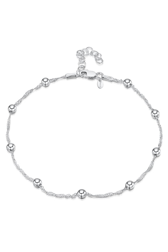 925 Fine Sterling Silver 1.4 mm Adjustable Anklet - Singapore Chain with 4 mm Ball Beads Ankle Bracelet - 9" to 10" inch - Flexible Fit