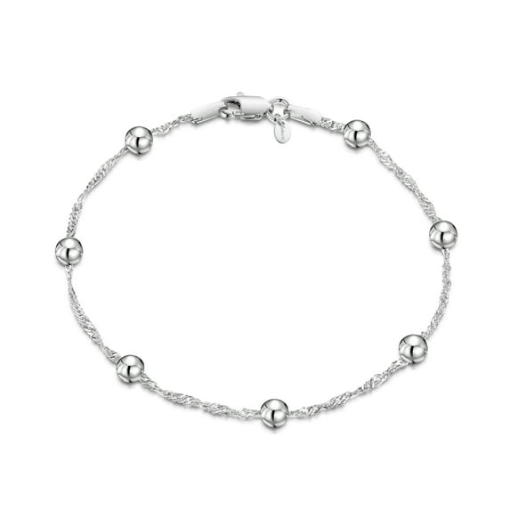 Amberta 925 Sterling Silver 1.4 Singapore Chain Bracelet with 4 mm Ball Beads Length 7.5" inch / 19 cm (7.5)