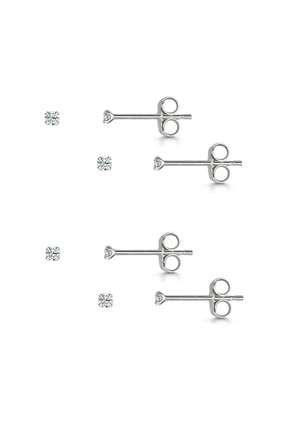 925 Sterling Silver - 2 Pairs of Earrings for Women - Ear Piercing Studs with Gemstones 2 mm - CZ Cubic Zirconia Crystals - Set of 4 - Tiny Size
