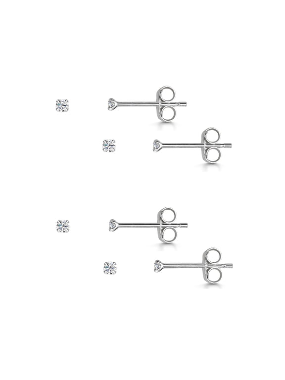 925 Sterling Silver - 2 Pairs of Earrings for Women - Ear Piercing Studs with Gemstones 2 mm - CZ Cubic Zirconia Crystals - Set of 4 - Tiny Size