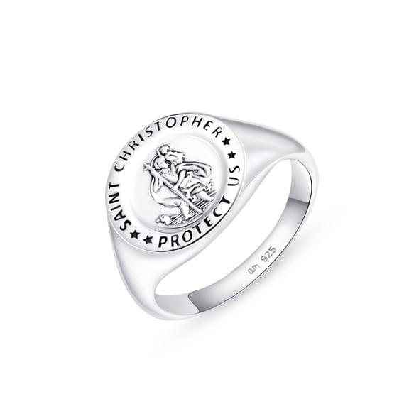 Amberta Solid 925 Sterling Silver Signet Ring for Men with Saint Christopher | Pinky Ring Men | &nbsp;Mens&nbsp;Signet Ring | Religious Signet Ring: Silver Signet Ring Size 11.5