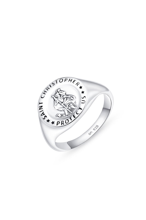 Solid 925 Sterling Silver Signet Ring for Men with Saint Christopher | Pinky Ring Men | Mens Signet Ring | Religious Signet Ring: Silver Signet Ring Size 11.5