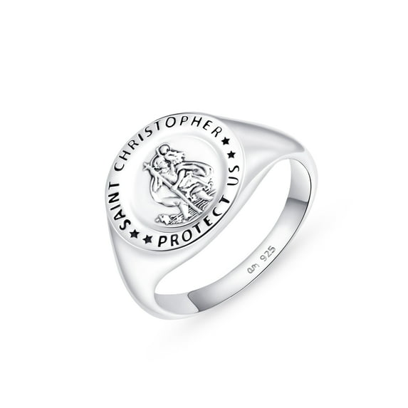 Amberta Solid 925 Sterling Silver Signet Ring for Men with Saint Christopher | Pinky Ring Men | Mens Signet Ring | Religious Signet Ring: Silver Signet Ring Size 11.5