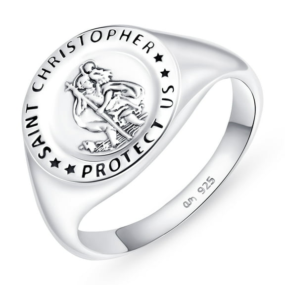 Amberta Solid 925 Sterling Silver Signet Ring for Men with Saint Christopher | Pinky Ring Men | &nbsp;Mens&nbsp;Signet Ring | Religious Signet Ring: Silver Signet Ring Size 9.5