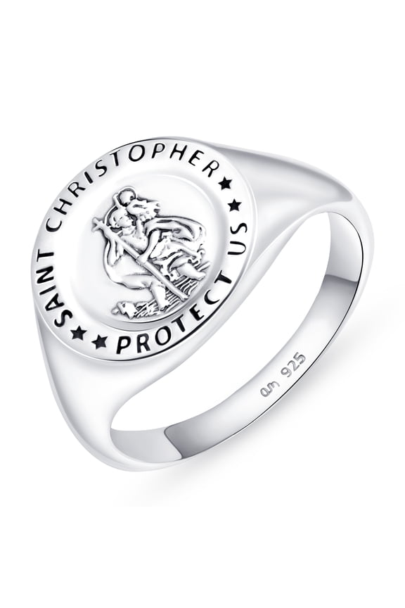 Solid 925 Sterling Silver Signet Ring for Men with Saint Christopher | Pinky Ring Men | Mens Signet Ring | Religious Signet Ring: Silver Signet Ring Size 9.5