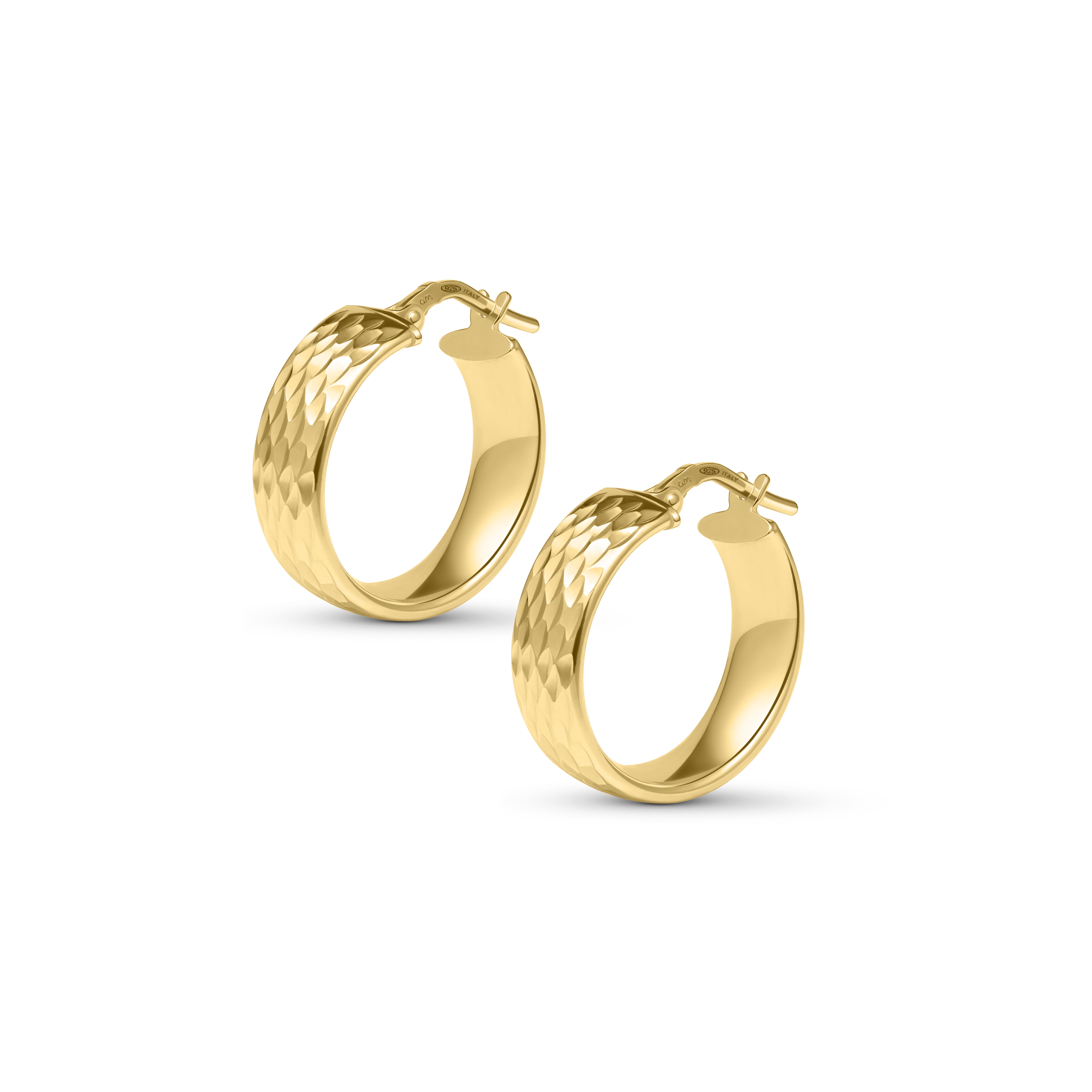 Amberta Women 925 Sterling Silver Chunky Hoop Earrings: Diamond Cut Gold Hoop Earrings 15 mm