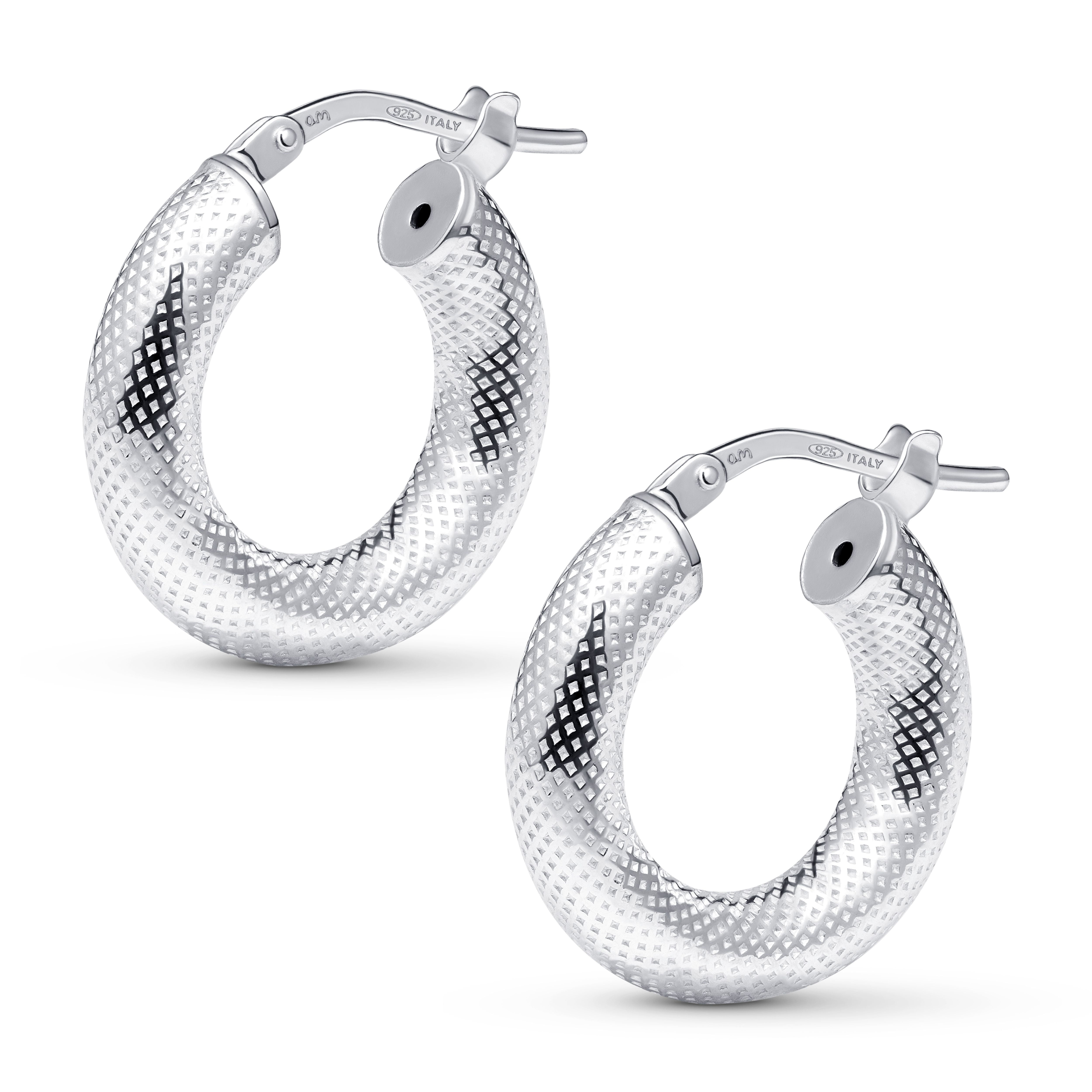 Amberta Women 925 Sterling Silver Chunky Hoop Earrings: Textured Hoop Earrings 10 mm