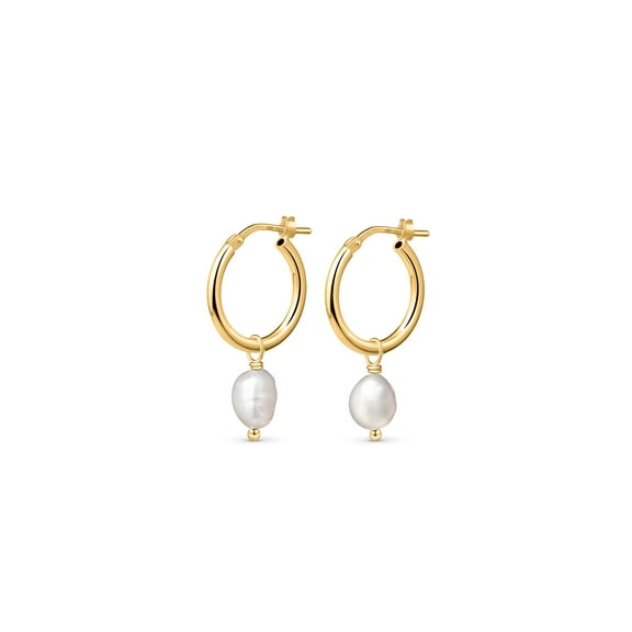 Amberta Women 925 Sterling Silver Freshwater Pearl Earrings: 12 mm Pearl Hoop Earrings - Gold Plated