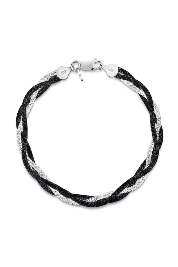 Women's 925 Sterling Silver Braided Herringbone Chain Bracelet (Length 7.5 inch): Black