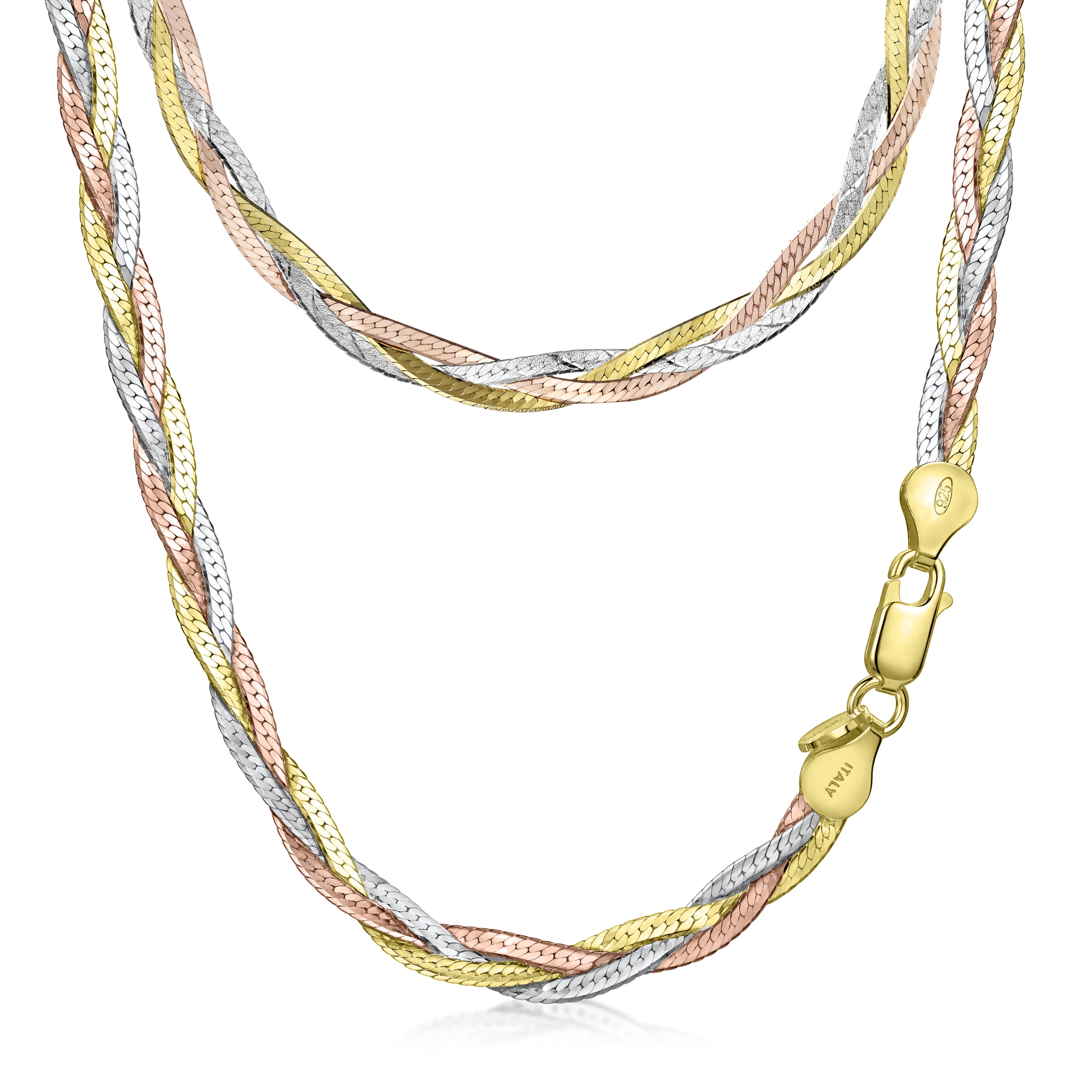 Amberta Women's 925 Sterling Silver Braided Herringbone Chain Necklace (Length 18 inch): Multicoloured