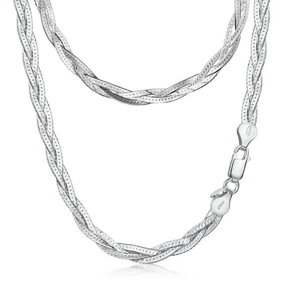 Amberta Women's 925 Sterling Silver Braided Herringbone Chain Necklace (Length 18 inch): Silver