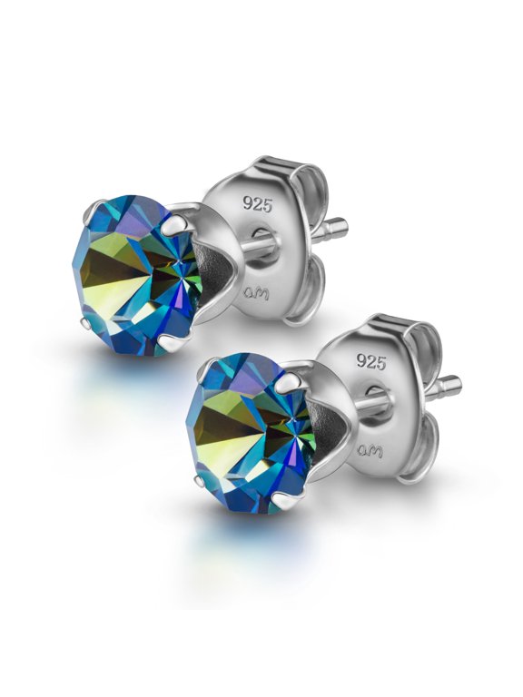 Women's 925 Sterling Silver Lumini Crystal Blue Collection Stud Earrings: Bermuda Blue