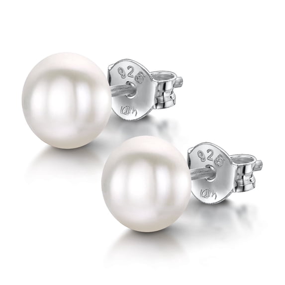 Amberta Women's 925 Sterling Silver Freshwater Pearl Stud Earrings: 6 to 7 mm White Pearl