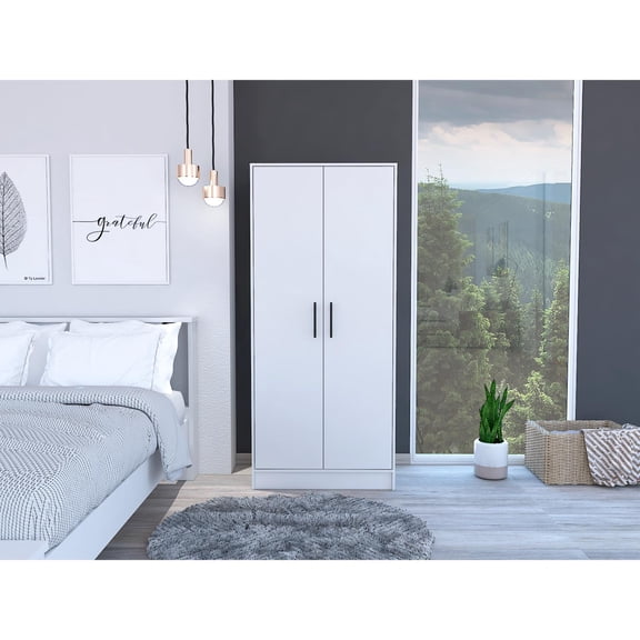 Ambery 180 Armoire, Two Shelves, Double Door, Metal Rod, One Drawer White