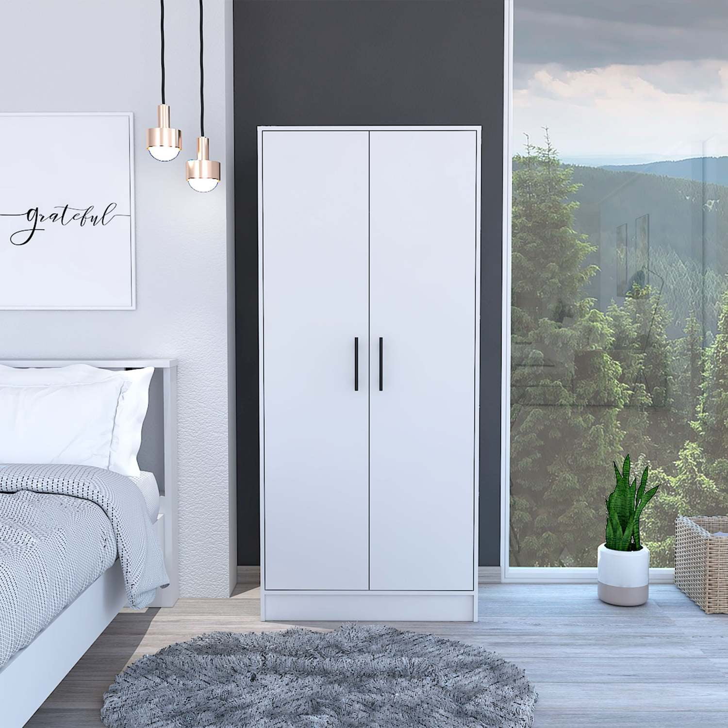 Ambery 180 Armoire Two Shelves Double Door Metal Rod One Drawer White