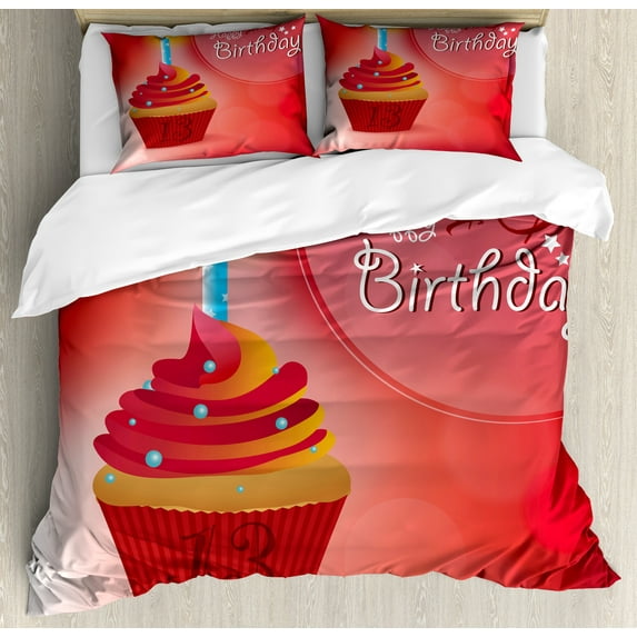 Ambesonne 13th Birthday Duvet Cover Set, Cupcake 13 Art, 2-Calking, Orange Blue Red