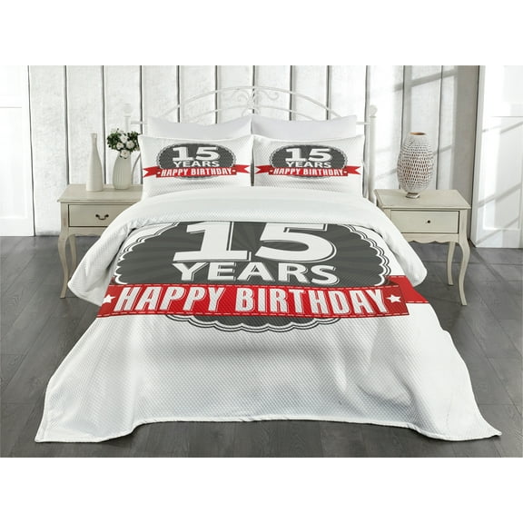 Ambesonne 15th Birthday Quilted Bedspread Set 3 Pcs, 15 Emblem, King Size, Red Grey and White