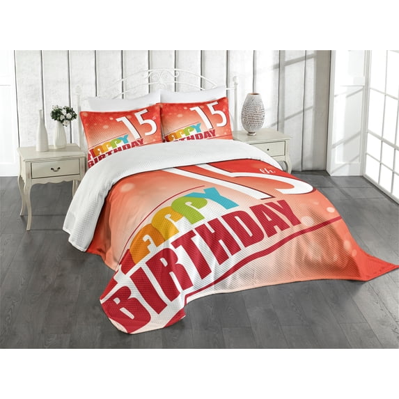 Ambesonne 15th Birthday Quilted Bedspread Set 3 Pcs, 15th Birthday Concept, Queen Size, Multicolor