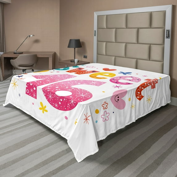 Ambesonne 16th Birthday Flat Sheet, Hearts Flowers Party, California King, Multicolor