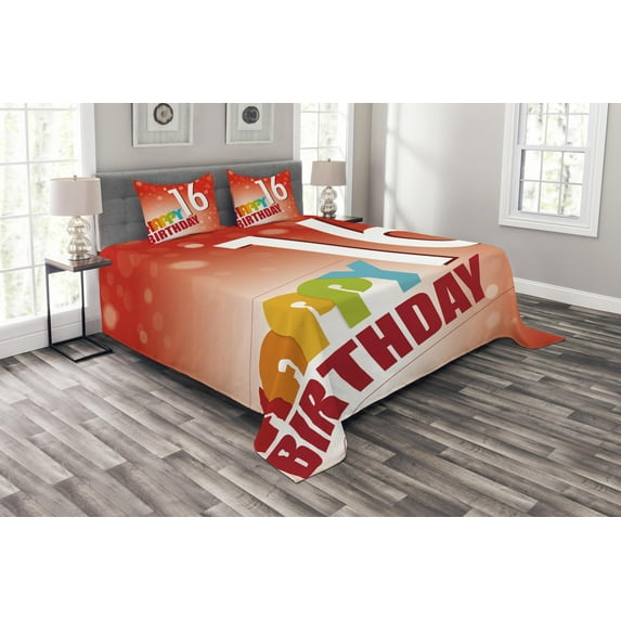 Ambesonne 16th Birthday Quilted Bedspread Set 3 Pcs, New Age Joyful Art, Queen Size, White Red