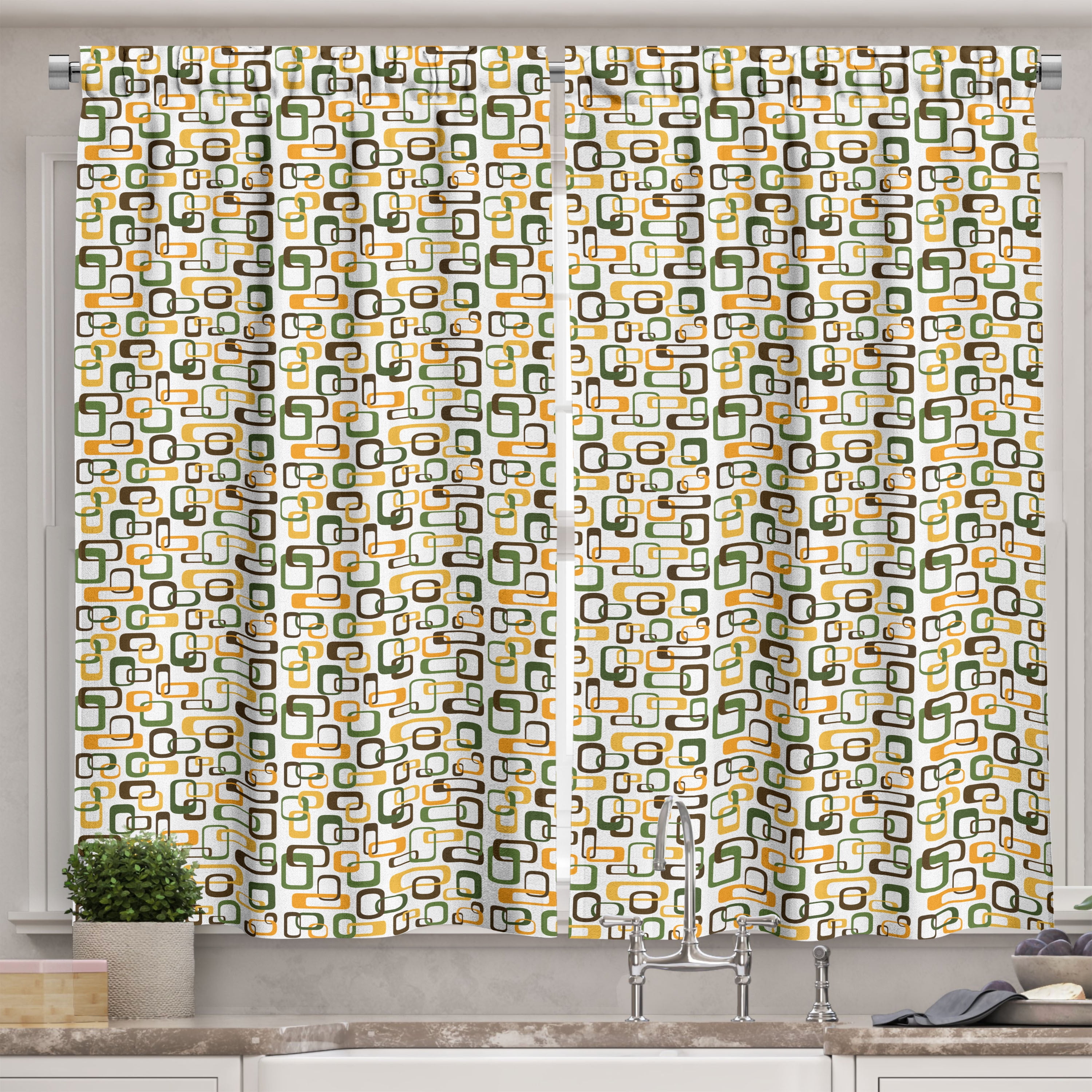 Ambesonne 1970s Kitchen Curtains, Retro Interlocking Squares, 55"x45 ...