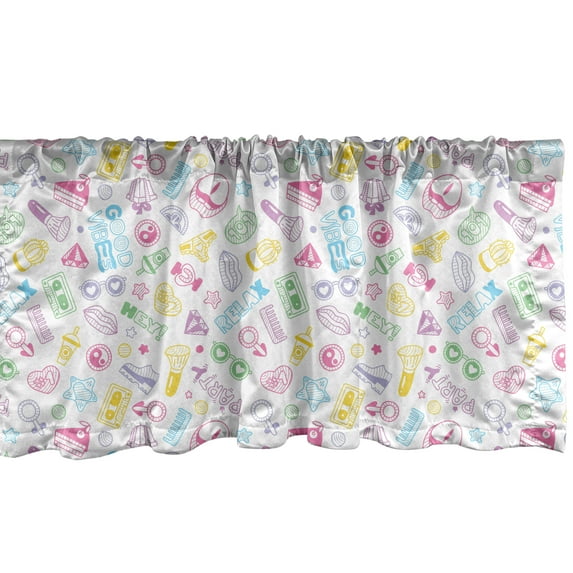 Ambesonne 1990s Window Valance, Cartoon Doodle Style Pattern, 42" x 18", Multicolor
