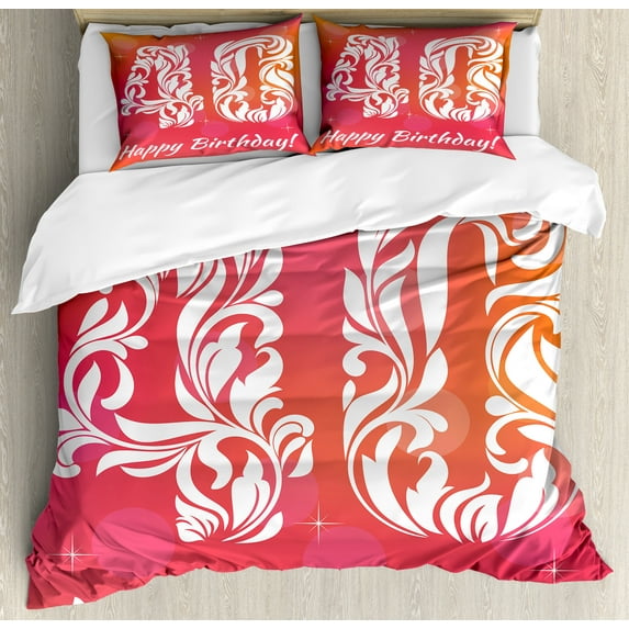 Ambesonne 40th Birthday Duvet Cover Set, Happy Greeting Floral, 2-Calking, Pink Orange White