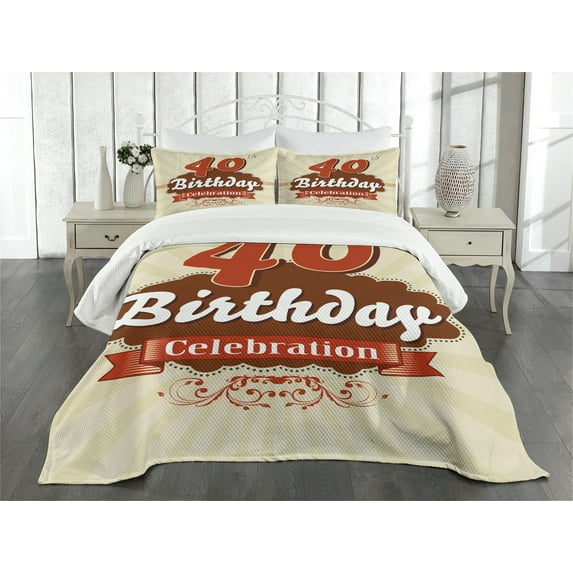 Ambesonne 40th Birthday Quilted Bedspread Set 3 Pcs, Vintage Retro Dots, King Size, Orange Ivory Cinnamon