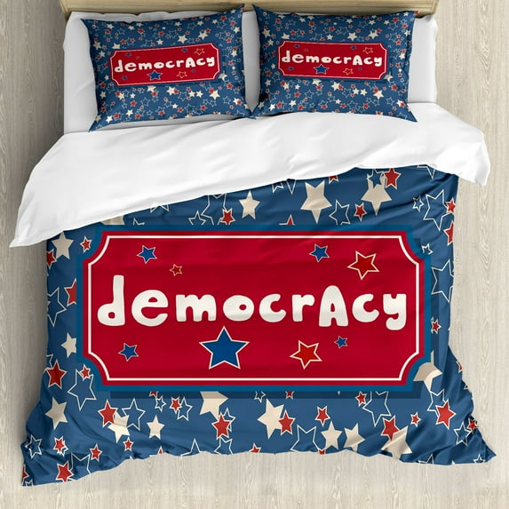 Ambesonne 4th of July Duvet Cover Set, Democracy Lettering Art, 2-Calking, Dark Sky Blue Ruby