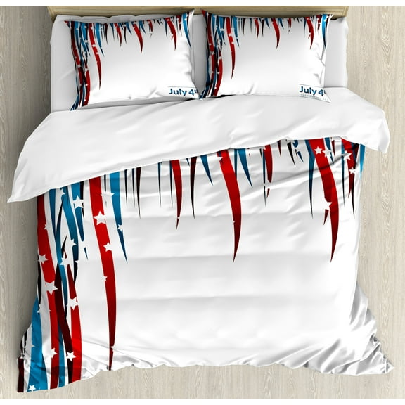 Ambesonne 4th of July Duvet Cover Set, Swirled Banners, 2-Calking, Red White and Navy Blue