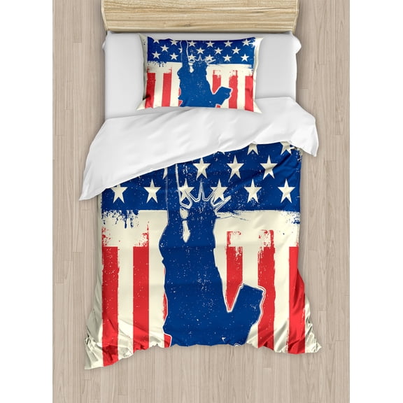 Ambesonne 4th of July Duvet Cover Sets, Grunge Flag Design, 2-Twin, Vermilion Navy Blue