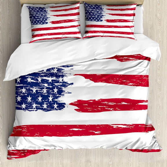 Ambesonne 4th of July Duvet Cover Sets, Grunge USA Flag Image, 2-Queen, Dark Pink and Lavender Blue