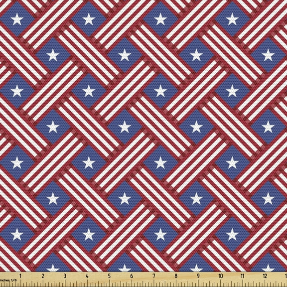 Ambesonne 4th of July Fabric by the Yard Upholstery, Diagonal Stripes Stars, 3 Yards, Violet Blue Red White