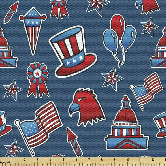 Ambesonne 4th of July Fabric by the Yard Upholstery, Patriotic, 3 Yards, Ruby Blue White