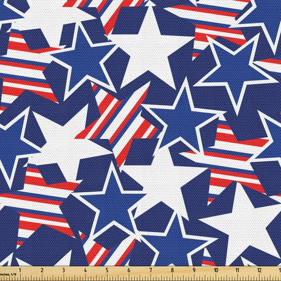 Ambesonne 4th of July Fabric by the Yard Upholstery, Patriotic American Star, 1 Yard, Royal Blue White and Red