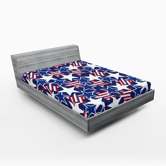 Ambesonne 4th of July Fitted Sheet 2 Pcs Set, Patriotic American Star, Full, Royal Blue White and Red