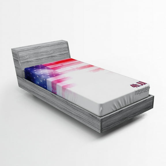 Ambesonne 4th of July Fitted Sheet, Grunge Flag Art, Twin Size, Scarlet Navy Blue White