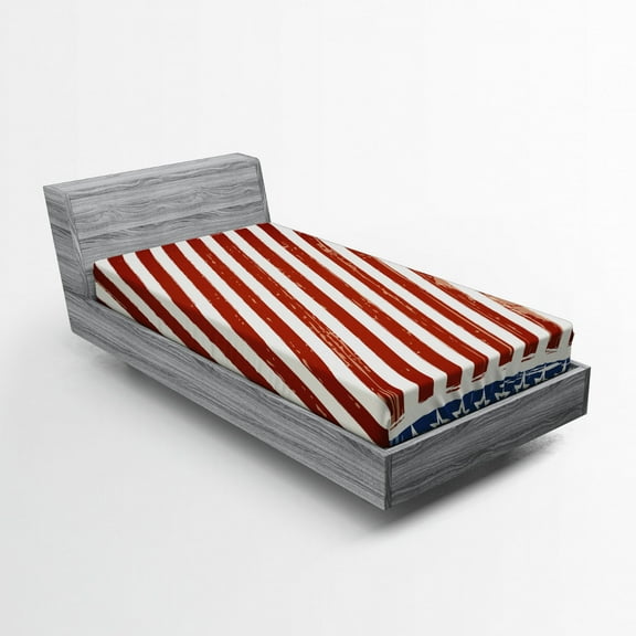 Ambesonne 4th of July Fitted Sheet, Old Glory Stripes, Twin XL Size, Beige Navy Blue Ruby